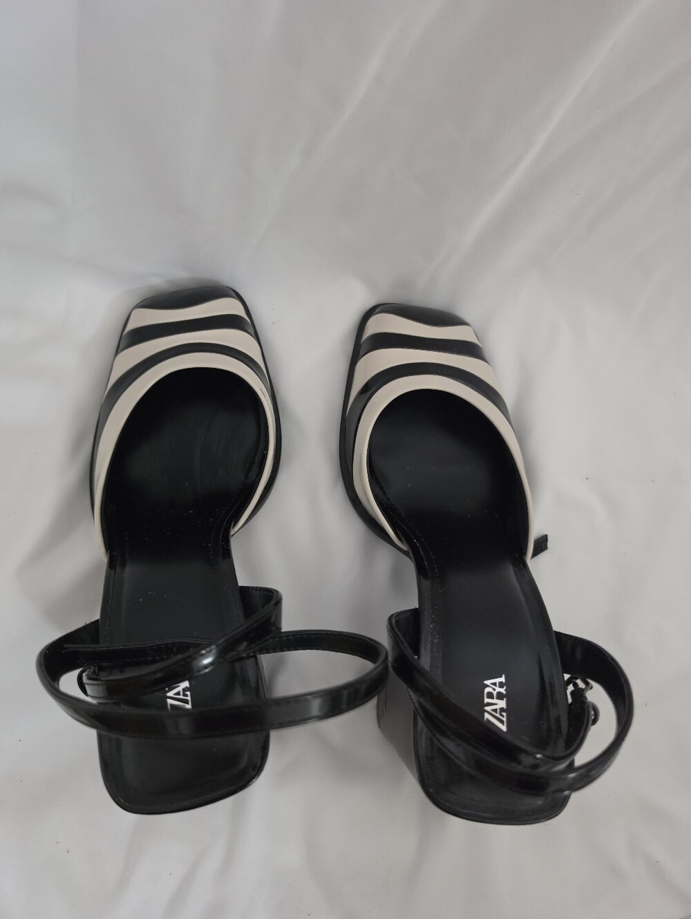 Zara Black & White Striped Patent Ankle-Strap Block Heels
